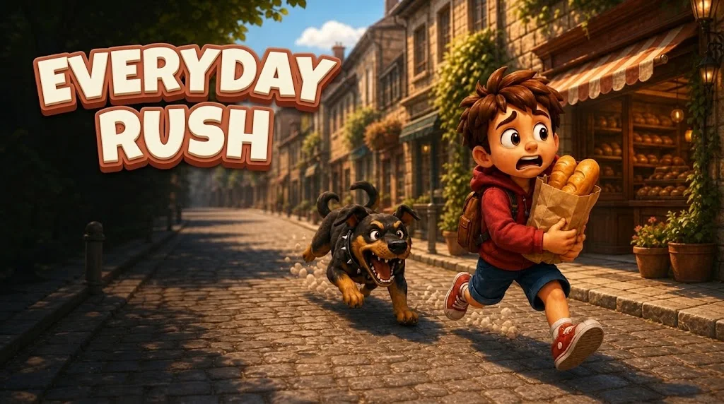 Everyday Rush anahtar görseli — ekmekle koşan çocuk ve peşindeki köpek
